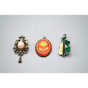 Brooch/Pendant Lot Enamel Guitar Red Flower Crown Ornate Pearl Coro